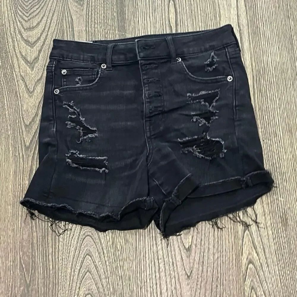 American Eagle Womens Hi-Rise Shorts Distressed Button Fly Stretch Black Size 4